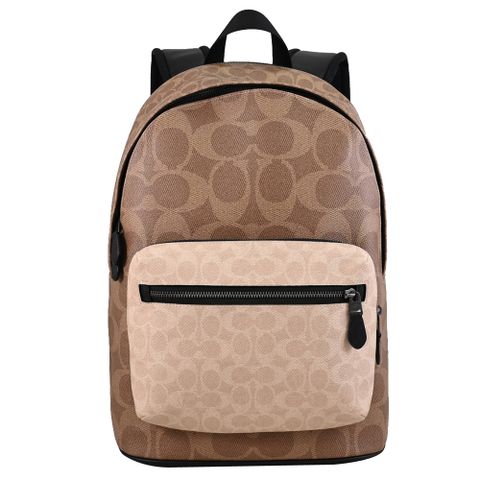 COACH CAB59 West 撞色印花LOGO雙層拉鍊大後背包.駝/卡其