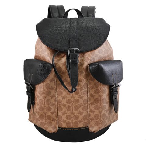 COACH CW211 Warner 經典印花LOGO翻蓋束口大後背包.駝/黑