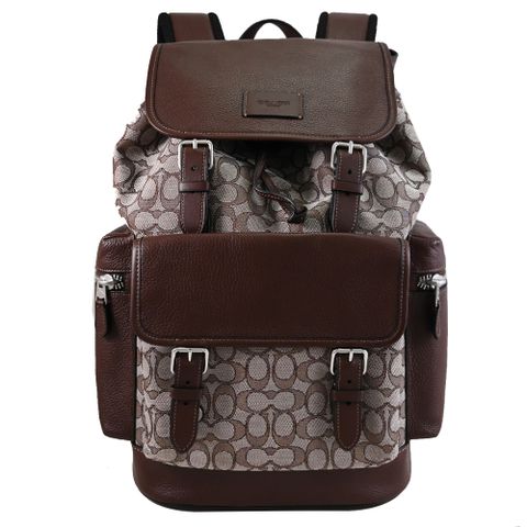 COACH CT016 Signature 織布印花LOGO翻蓋束口大後背包.深咖