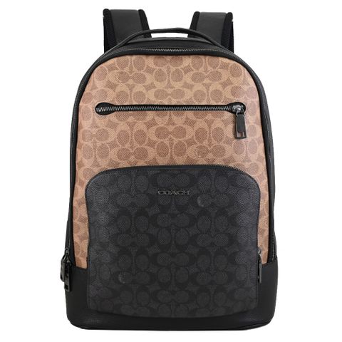 COACH CZ392 Ethan 撞色印花LOGO雙層拉鍊大後背包.駝/黑