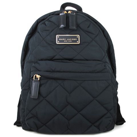 MARC JACOBS 金屬牌LOGO黑色绗縫菱格雙肩後背包(中款)
