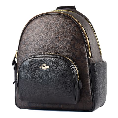 COACH 緹花LOGO雙側置物拉鍊後背包-咖啡色