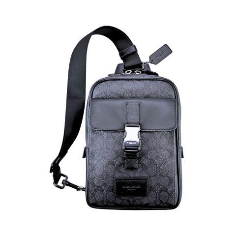COACH灰黑C Logo PVC拼接黑色真皮前扣袋單肩胸背斜後背男包