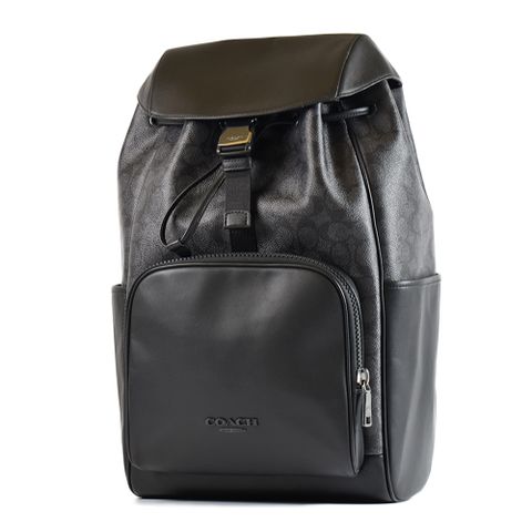 COACH 男款 Racer 緹花LOGO防刮拚牛皮翻蓋插釦束口後背包-黑色