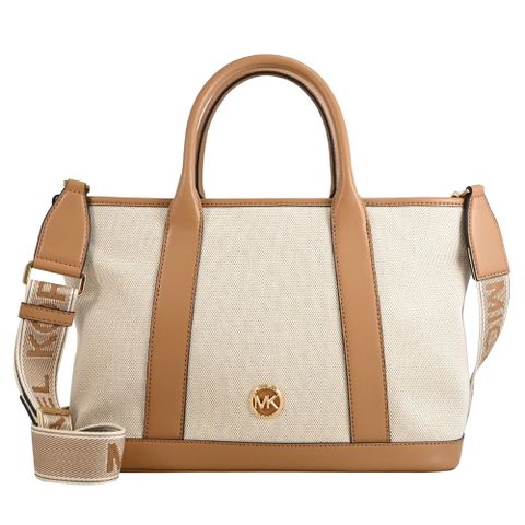 MICHAEL KORS LUISA 帆布皮革寬背帶兩用包.淺咖邊