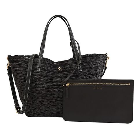 TORY BURCH 金屬LOGO草編手提兩用包.深咖