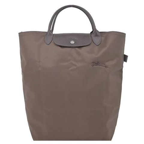 LONGCHAMP LE PLIAGE GREEN系列刺繡短把再生尼龍手提包(中/大地棕)