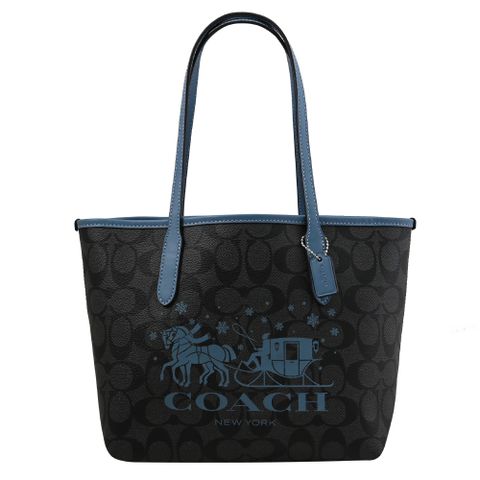 COACH CM183 馬車LOGO印花手提肩背小托特包.黑灰/藍
