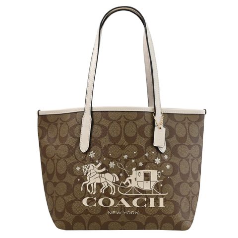 COACH CM183 馬車LOGO印花手提肩背小托特包.駝/白邊