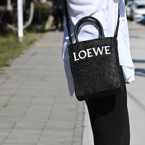 LOEWE 羅威 Standard A5 品牌LOGO渡假風草編手提兩用包.黑