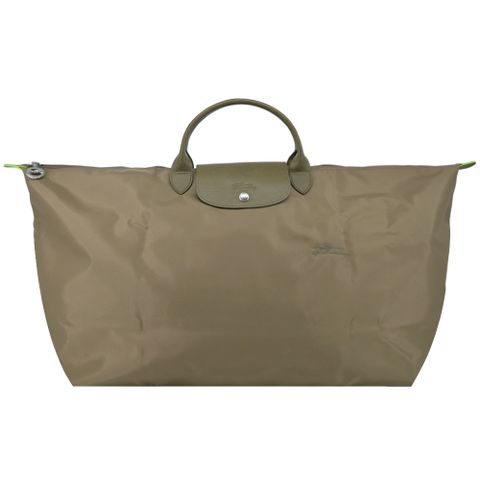 LONGCHAMP LE PLIAGE GREEN系列刺繡短把再生尼龍摺疊旅行袋(特大/朝鮮薊綠)