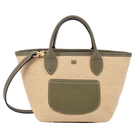 LONGCHAMP LE PANIER PLIAGE系列前口袋編織兩用提籃包(迷你/朝鮮薊綠)