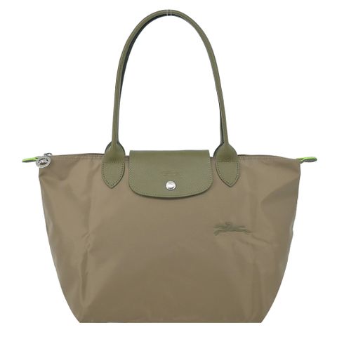 LONGCHAMP LE PLIAGE GREEN系列刺繡長把再生尼龍摺疊水餃包(中/朝鮮薊綠)
