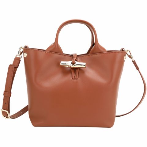 LONGCHAMP Le Roseau S 竹節鎖釦滑面牛皮手提/肩斜背水桶包(磚紅色)