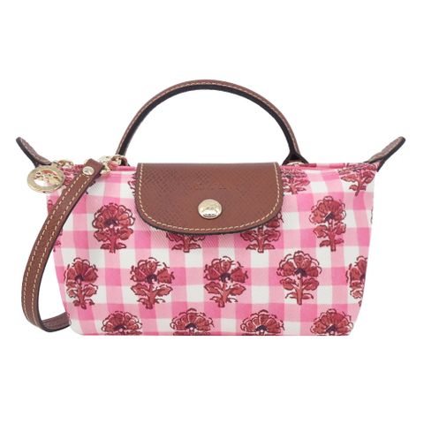 LONGCHAMP LE PLIAGE系列滿版格紋印花棉質帆布化妝/斜背包(迷你/暈紅)
