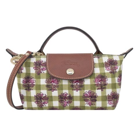 LONGCHAMP LE PLIAGE系列滿版格紋印花棉質帆布化妝/斜背包(迷你/朝鮮薊綠)