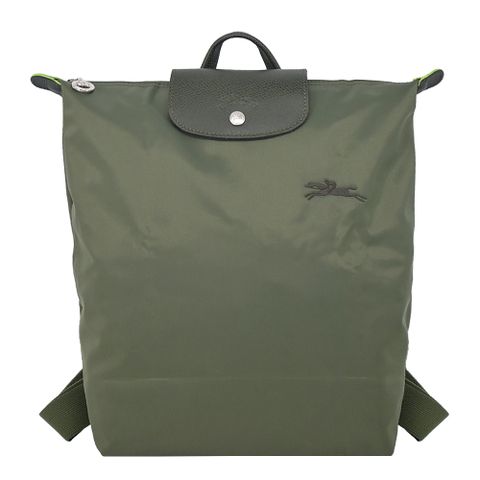 LONGCHAMP LE PLIAGE GREEN系列刺繡再生尼龍摺疊後背包(中/森林綠)