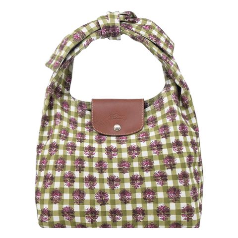 LONGCHAMP LE PLIAGE系列滿版格紋印花棉質帆布蝴蝶結肩背包(中/朝鮮薊綠)
