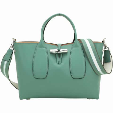 LONGCHAMP Roseau M 竹節鎖釦牛皮手提/斜背托特包(綠色)