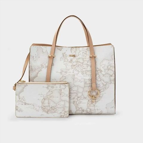 【Alviero Martini 義大利地圖包】 釦環裝飾手提側揹子母包33cm-地圖白