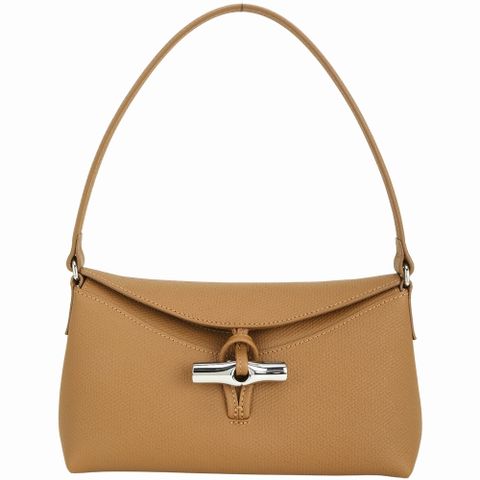 LONGCHAMP Roseau 竹節鎖扣卵石紋牛皮掀蓋單肩包(S/棕色)