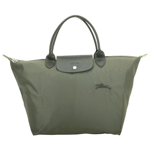 LONGCHAMP Le Pliage Green 中款 奔馬刺繡短提把水餃包(森林綠)