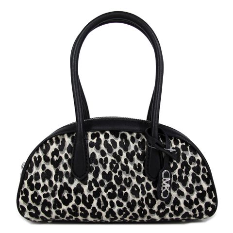 MICHAEL KORS LULU 銀字MK豹紋小牛毛黑色皮革滾邊復古小手提包(小款)