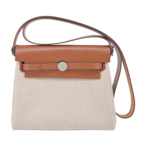 HERMES 愛馬仕 Mini Herbag 20cm 帆布斜背包(AA黃褐色/W刻/銀釦)
