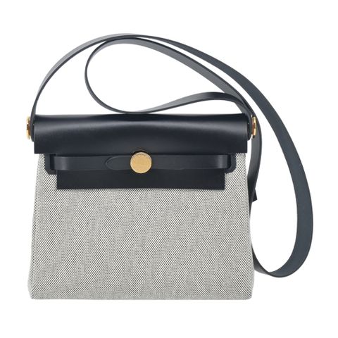 HERMES 愛馬仕 Mini Herbag 20cm 帆布斜背包(AC黑色/W刻/金釦)