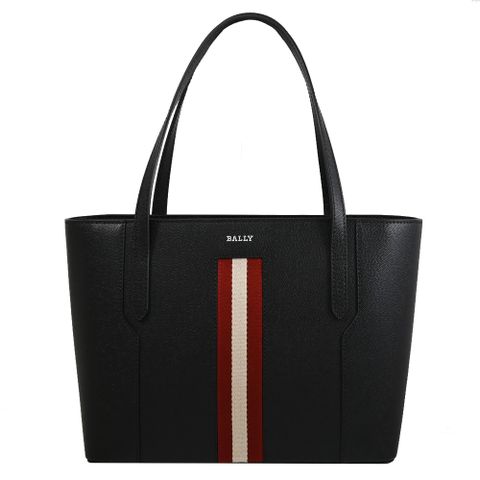 BALLY 6310175 SUPRA 燙印LOGO條紋粒面壓紋小托特包.黑