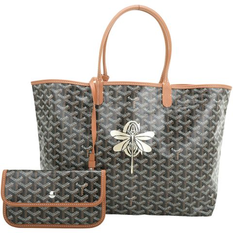 GOYARD St. Louis PM 中款 高雅得燙金蜻蜓防水圖騰帆布肩背托特包(棕色/附收納袋)