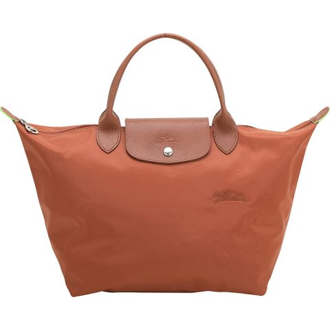 LONGCHAMP Le Pliage Green 奔馬刺繡短提把水餃包(M/栗棕)