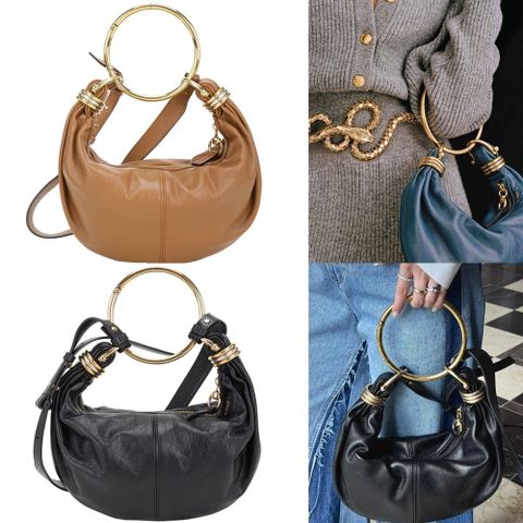 CHLOE 蔻依 Bracelet Hobo 金環提把荔紋小牛皮手提/斜背流浪包-2色可選