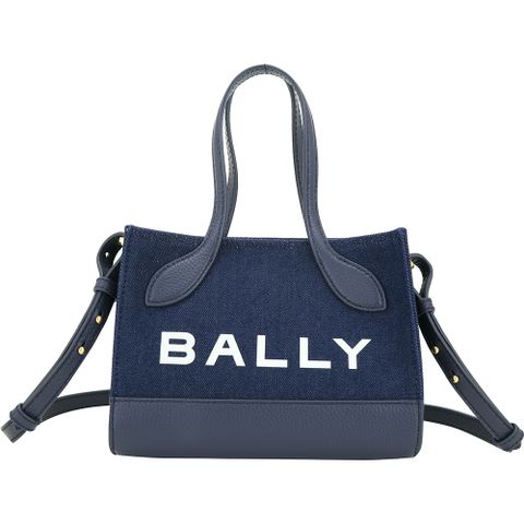 BALLY Bar Keep On Xs 帆布拼牛皮橫式迷你肩背托特包(丹寧藍)