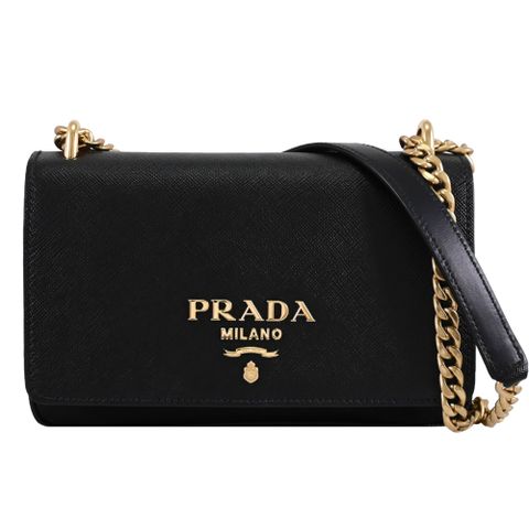 PRADA 1BD144 經典浮雕LOGO防刮牛皮翻蓋尼龍斜背包.黑/金