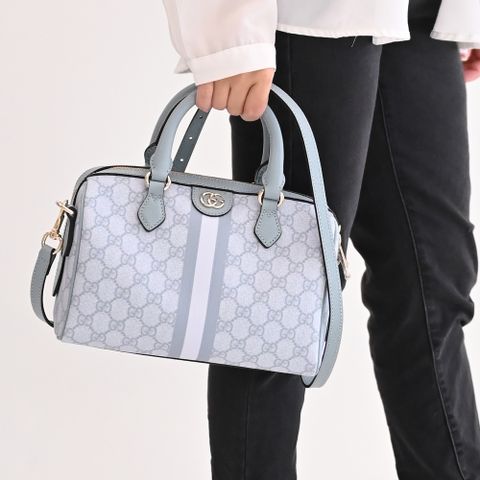 GUCCI 772061 Ophidia GG 塗層印花皮革兩用波士頓包.淺藍