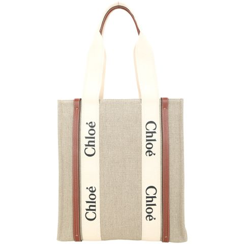 CHLOE 蔻依 Woody 大型 字母印花亞麻帆布拼牛皮直立式托特包(咖棕色)