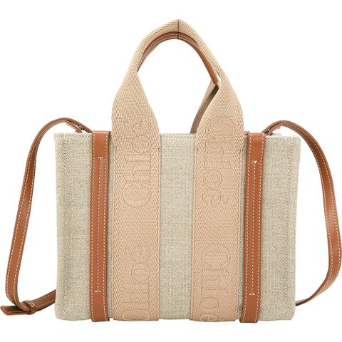 CHLOE 蔻依 Woody 小型 字母刺繡織帶亞麻帆布手提/斜背托特包(奶茶色/皮革棕色)