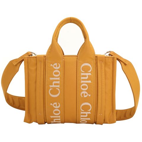 CHLOE 蔻依 Woody 小型 字母刺繡尼龍手提/斜背托特包(土黃色)