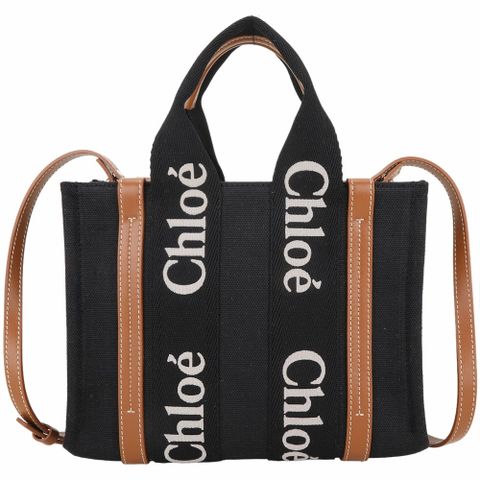 CHLOE 蔻依 Woody 小型 字母刺繡織帶亞麻帆布手提/斜背托特包(黑色/皮革棕色)