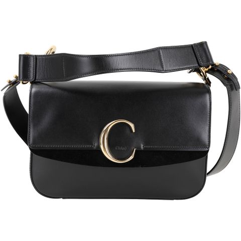 CHLOE 蔻依 C Bag 展示品 中型 黑色光滑小牛皮拼接麂皮肩背/手提包(正下反上刮痕)