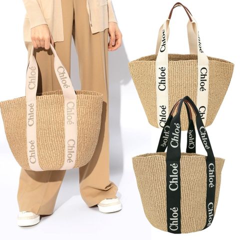 CHLOE 蔻依 Woody 大型 字母刺繡肩背草編包-3色可選