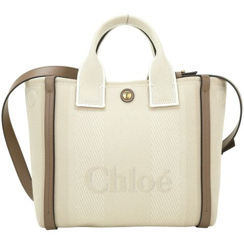 CHLOE 蔻依 Carry 米灰帆布手提/斜背托特包(灰棕皮革)