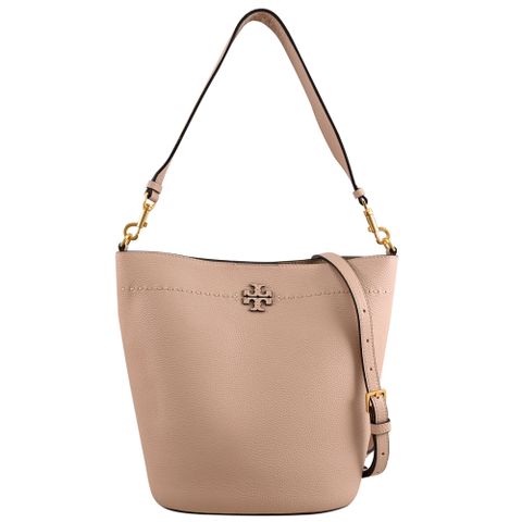 TORY BURCH 143544 經典LOGO荔枝皮革兩用水桶包.沙色