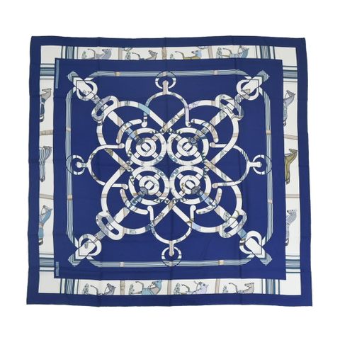 Hermes 愛馬仕 Eperon d'Or et Tenues de Jour 140 手工捲邊喀什米爾與真絲混紡方巾(寶藍/白色)