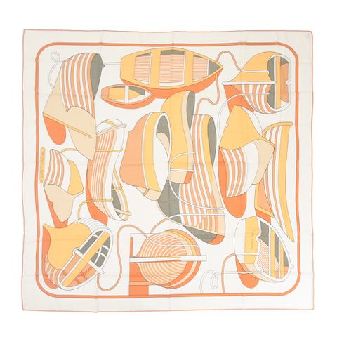 Hermes 愛馬仕 Thalassa 140 手工捲邊喀什米爾與真絲混紡方巾(橘色/灰色/白色)