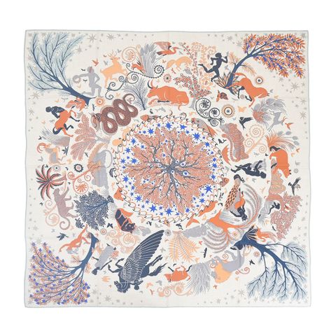 Hermes 愛馬仕 Sous le Charme d'Orphee 140 手工捲邊喀什米爾與真絲混紡方巾(自然色/棕紅色/海軍藍)