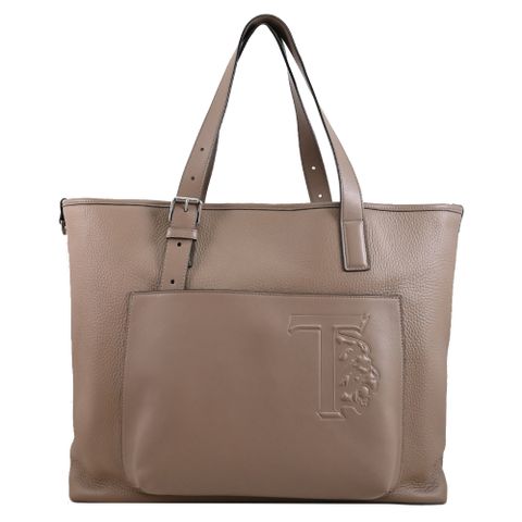 TODS 品牌LOGO烙印荔枝牛皮手提單肩大托特包.大象灰