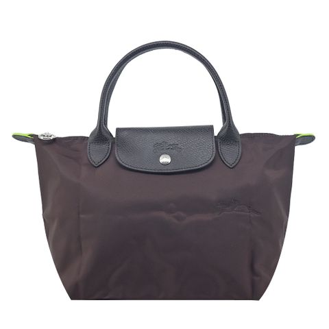 LONGCHAMP LE PLIAGE GREEN系列刺繡短把再生尼龍摺疊水餃包(小/摩卡棕)