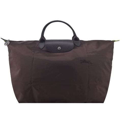 LONGCHAMP LE PLIAGE GREEN系列刺繡短把再生尼龍摺疊旅行袋(大/摩卡棕)